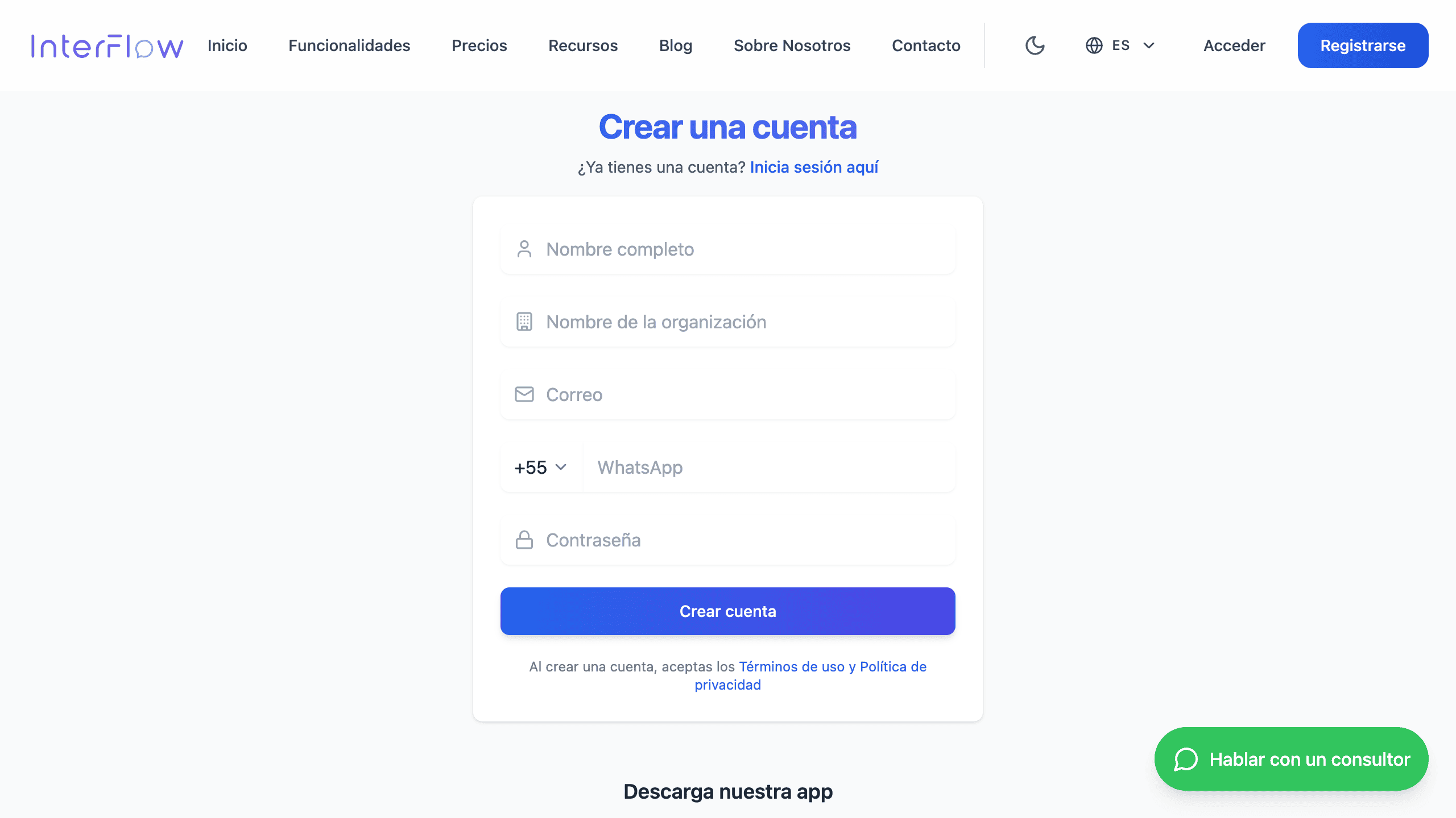 Pantalla de registro