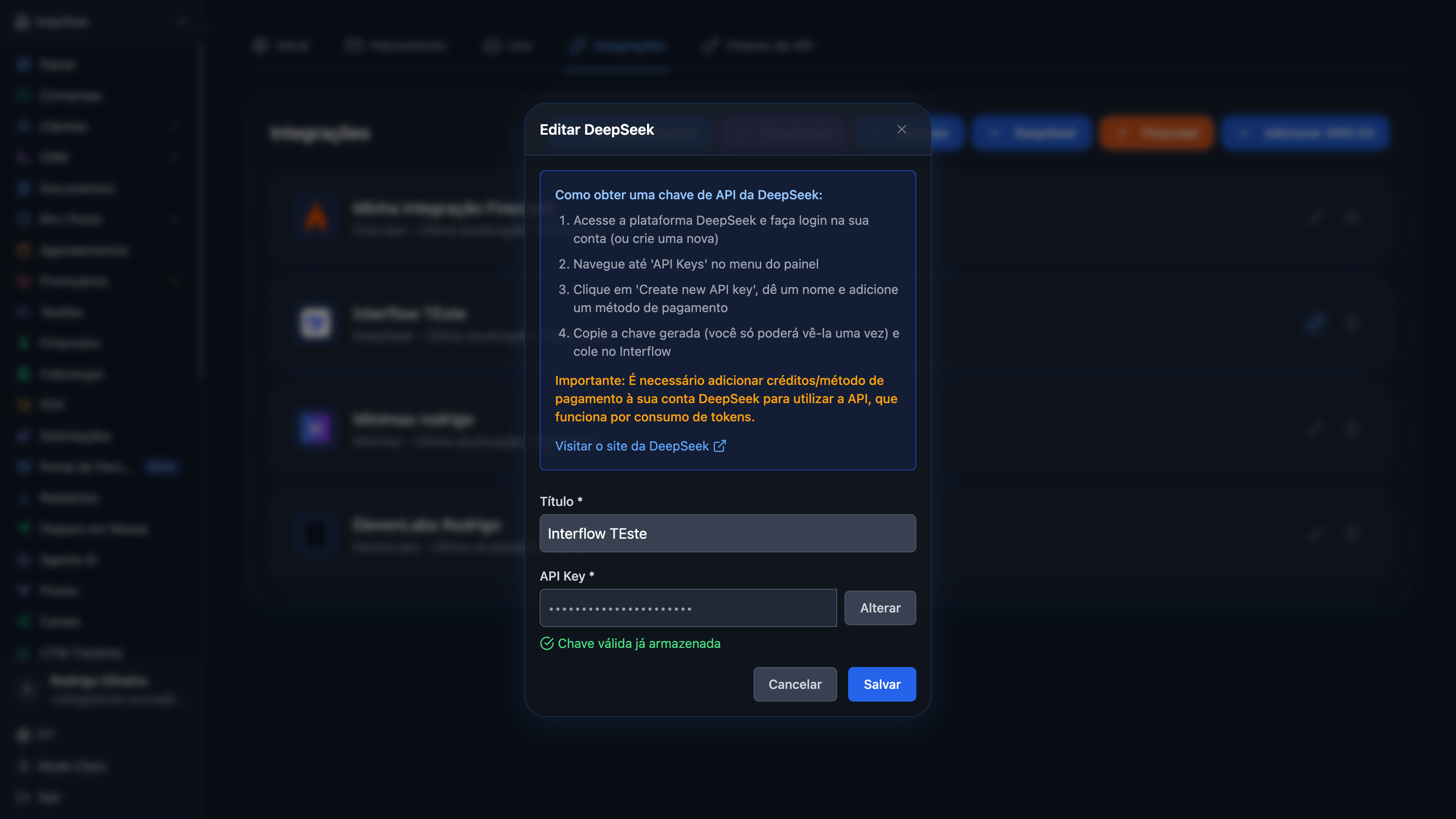 Configuração da chave DeepSeek