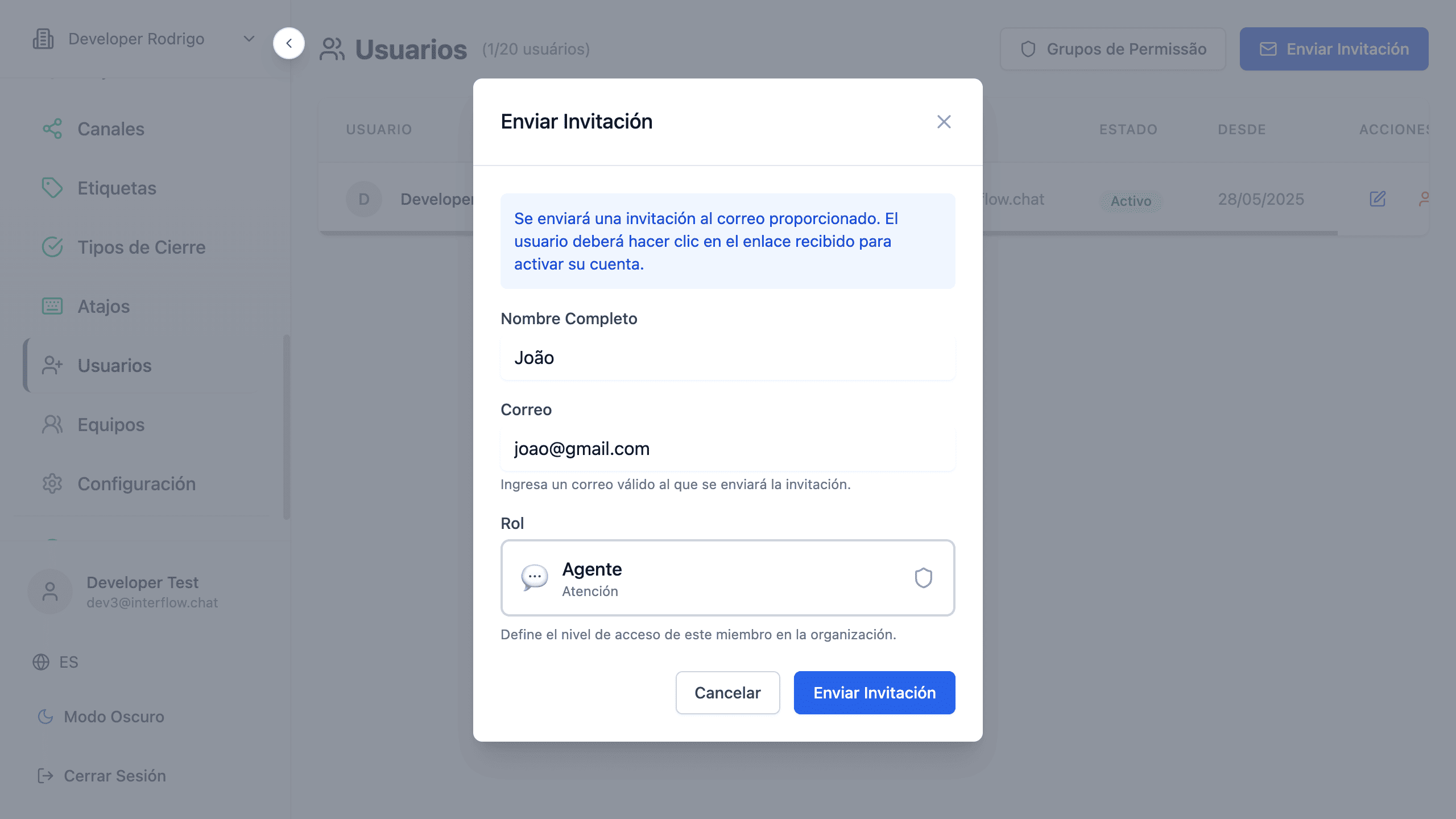 Invitación de equipo